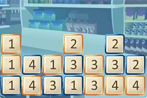 スーパーマーケットの背景に数字が描かれたブロックが並んでいる画像。