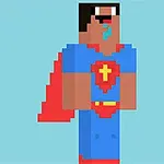青いスーパーヒーローの衣装と赤いマントを着たピクセルアートのキャラクター。