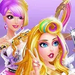 カラフルな髪の女性たちがセルフィーを撮っているイラスト。