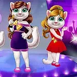 ステージ上で3匹の猫キャラクターがカラフルな衣装を着てポーズを取っている。