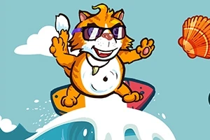 サングラスをかけた猫がサーフボードで波に乗っているイラスト。