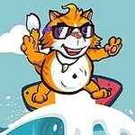 サングラスをかけた猫がサーフボードで波に乗っているイラスト。