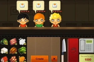 3人のキャラクターがカウンターに立ち、その上には寿司のアイコンが表示され、食材と調理道具が並んでいるキッチンの様子。