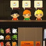 3人のキャラクターがカウンターに立ち、その上には寿司のアイコンが表示され、食材と調理道具が並んでいるキッチンの様子。