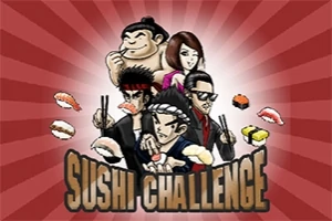 寿司を食べる4人のキャラクターが描かれたイラスト。