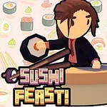 寿司を作るキャラクターと背景に寿司のイラストが描かれたデザイン。