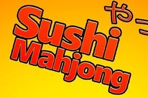 オレンジ色の背景に赤い縁取りの黒い文字で「Sushi Mahjong」と書かれたデザイン。