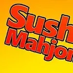 オレンジ色の背景に赤い縁取りの黒い文字で「Sushi Mahjong」と書かれたデザイン。
