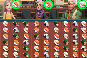 キャラクターが並ぶカウンターと寿司のマッチングパズル。