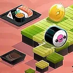 寿司や金色のコインが並ぶ、緑と黒のタイル状のパス上にかわいい顔の付いた巻き寿司のキャラクター。
