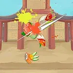 神社の前で縦にカットされた寿司と飛び散る色とりどりの絵の具。