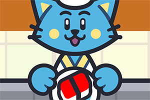 青い猫が寿司を持っているイラスト。