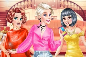 3人の女性が華やかな服を着て室内でポーズをとっているイラスト。