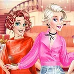 3人の女性が華やかな服を着て室内でポーズをとっているイラスト。