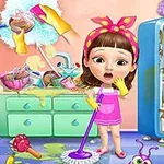 ピンクの服を着た女の子が掃除道具を持って台所の散らかった冷蔵庫の前に立っている。