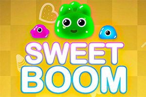 カラフルなスライムキャラクターが中央に配置された「SWEET BOOM」というテキストの画像。