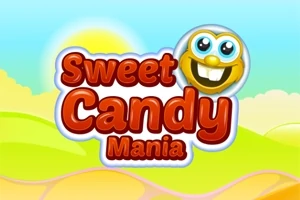 カラフルな文字で「Sweet Candy Mania」と書かれたグラフィックと笑顔のキャラクターが日の出の風景を背景に描かれている。
