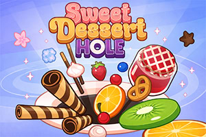 「Sweet Dessert HOLE」の文字と、ワッフルコーン、ロリポップ、いちご、オレンジ、キウイ、プレッツェル、アイスクリームがカラフルに描かれたポップなイラスト。