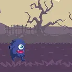 青いモンスターが暗い草むらを歩いており、背景には歪んだ木々と家があります。