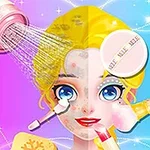 金髪のキャラクターが化粧とケアを受けているイラスト。