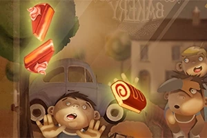 スイーツを見上げる三人の子供たちと古い車。