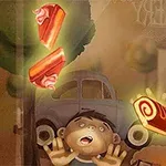 スイーツを見上げる三人の子供たちと古い車。