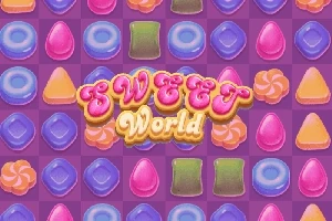 カラフルなキャンディが並ぶ紫色の背景に「SWEET World」の文字が中央に配置されています。