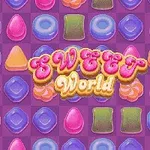 カラフルなキャンディが並ぶ紫色の背景に「SWEET World」の文字が中央に配置されています。