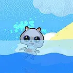 青い空と黄砂の背景に、海に浮かぶキャラクター。