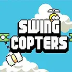 青い空と雲を背景に、中央に「SWING COPTERS」の文字があり、小さなキャラクターがプロペラをつけている。