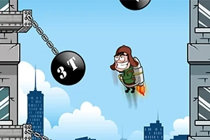 ジェットパックを背負ったキャラクターが、都市のビルの間を飛んでいる様子。