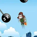 ジェットパックを背負ったキャラクターが、都市のビルの間を飛んでいる様子。