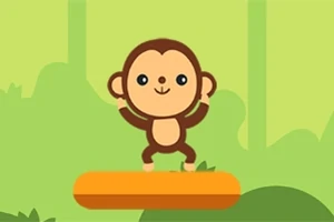 緑の背景の上に、オレンジのプラットフォームに立っている可愛いサルのイラスト。