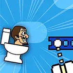 男性がトイレに座っているイラストと、その横で矢印が繰り返し表示されている場面。