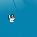トイレに座る髪の長いキャラクターが描かれた青い背景のイラスト。