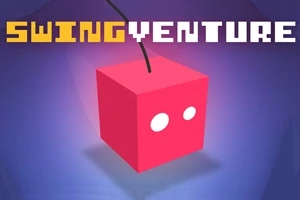 赤い立方体に糸が付いて浮いているイラストと「SWING VENTURE」の文字が描かれている。