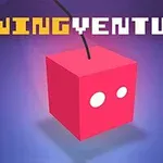赤い立方体に糸が付いて浮いているイラストと「SWING VENTURE」の文字が描かれている。