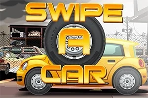 黄色い車が背景にあり、中央にはタイヤを模したデザインの「SWIPE A CAR」という文字が描かれている。