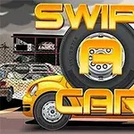 黄色い車が背景にあり、中央にはタイヤを模したデザインの「SWIPE A CAR」という文字が描かれている。