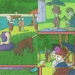 緑の芝生の上で人々や動物が遊んでいるカラフルで抽象的なアート。