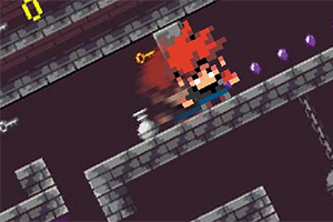 赤い髪のピクセルキャラクターがれんがのプラットフォームをジャンプしているシーン。