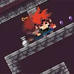 赤い髪のピクセルキャラクターがれんがのプラットフォームをジャンプしているシーン。