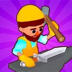 鍛冶屋のキャラクターが金床の上でハンマーを使って剣を作っている。