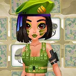迷彩柄の背景に、緑の軍帽とタンクトップを着た黒髪のキャラクターが描かれている。
