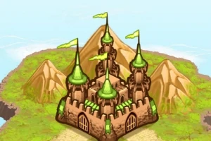 緑色の屋根と旗を持つ城が山と草地の背景に描かれているイラスト。