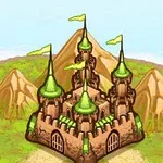 緑色の屋根と旗を持つ城が山と草地の背景に描かれているイラスト。