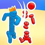 青いキャラクターが王冠をかぶり、赤いキャラクターたちと対峙しているシーン。