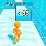 青い水の上に白い道があり、オレンジ色の人形がプラス35と書かれたゲートに向かって走っている。