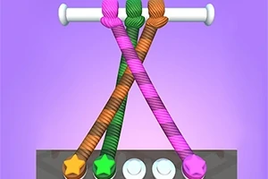 三色のねじれたロープが白いバーに掛けられている画像。