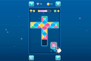 青い背景のパズルゲーム画面で、カラフルなタイルをはめ込むシーン。